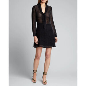 $525 L'Agence Black Velour Dot Burnout Sheer Alesia Neck Tie Dress 2 NEW L568